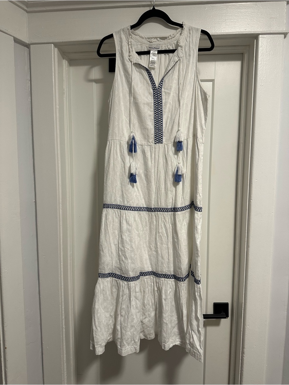 Tommy Bahama White Maxi Dress with Blue Trim and Tassels